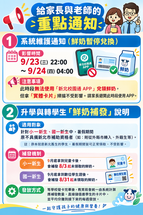 0923-0924系統維護通知(鮮奶暫停兌換)以及升學與轉學生鮮奶補發說明