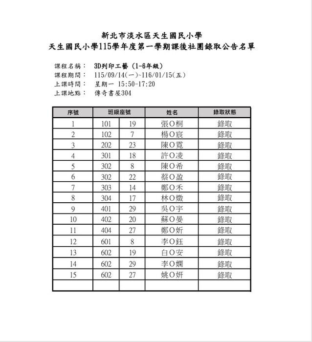 正式名單