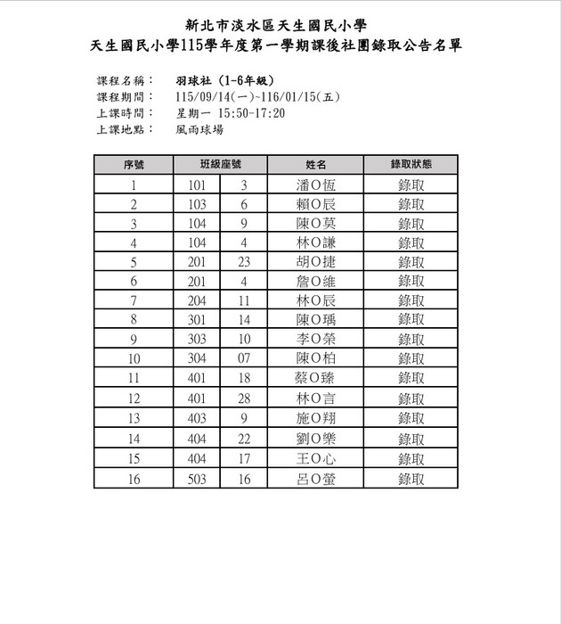 正式名單