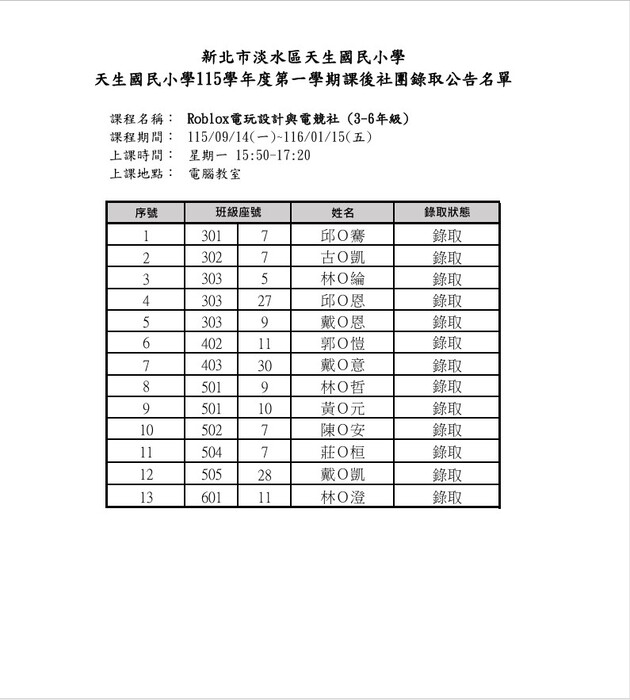 正式名單