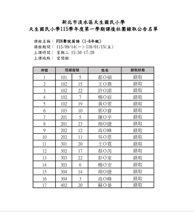 正式名單