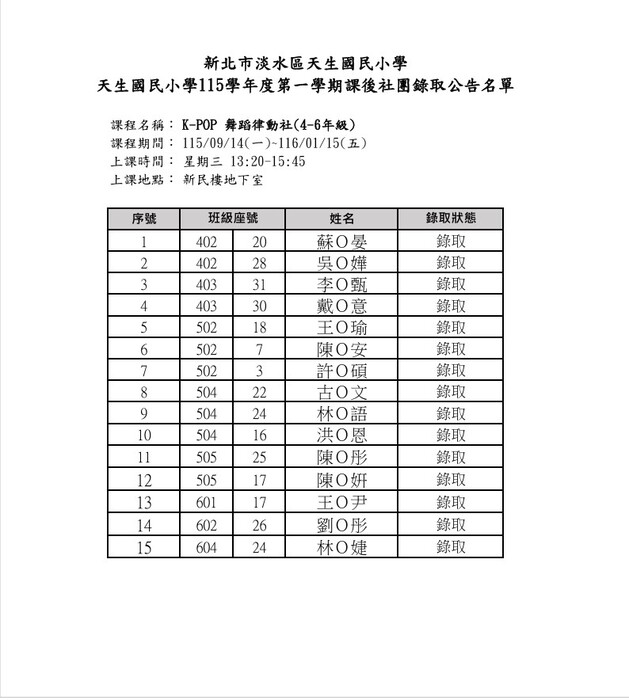 正式名單