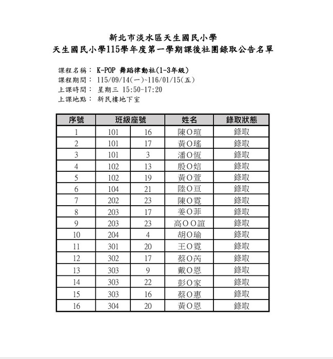 正式名單