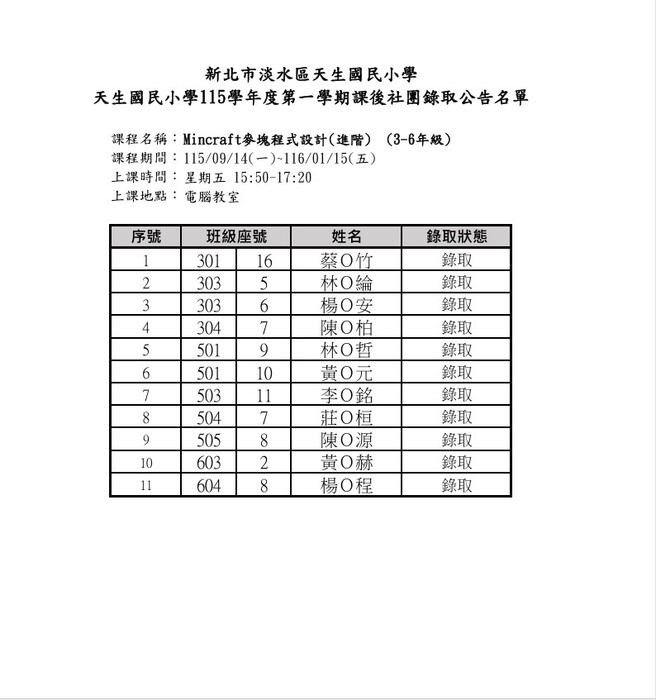 正式名單